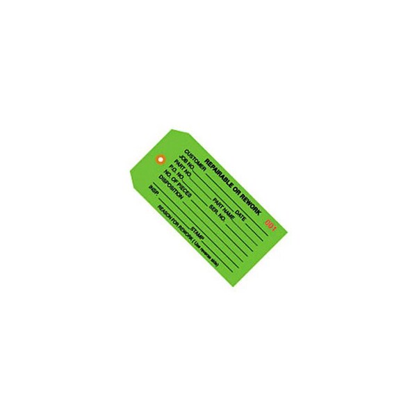The Packaging Wholesalers Inspection Tags, "Repairable Or Rework", No 5, 4-3/4"L x 2-3/8"W, Green, 1000/Pack G20041 - main